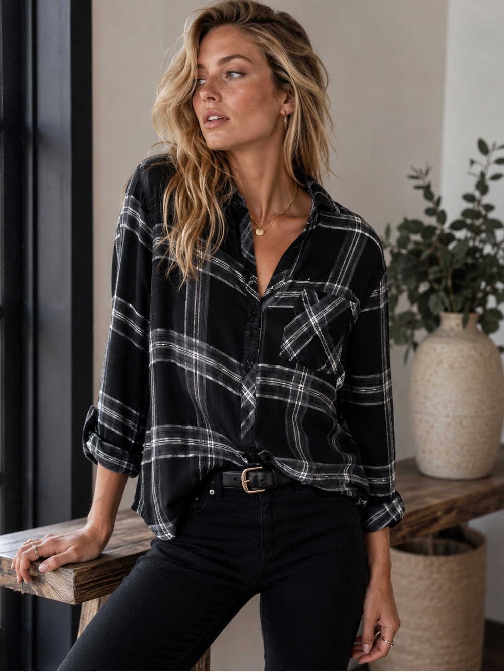 Rails Hunter Plaid Button Down Shirt Small Slate Black Ivory Lurex